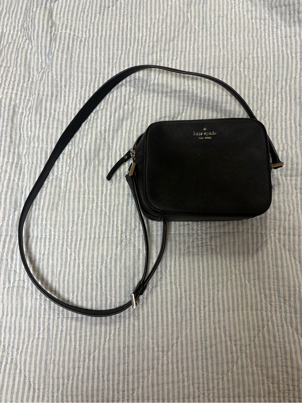 kate spade Black Leather Crossbody Camera Bag with Gold Hardware
